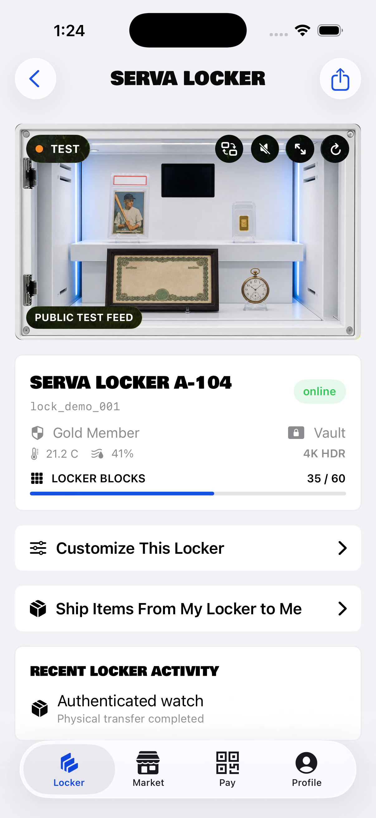 Serva iPhone app showing a front-facing locker feed, membership, environmental readings, capacity, and recent activity